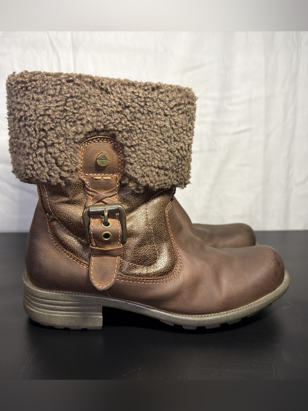 Earth Origins Brown Fold-Over Faux Shearling Ankle Boots